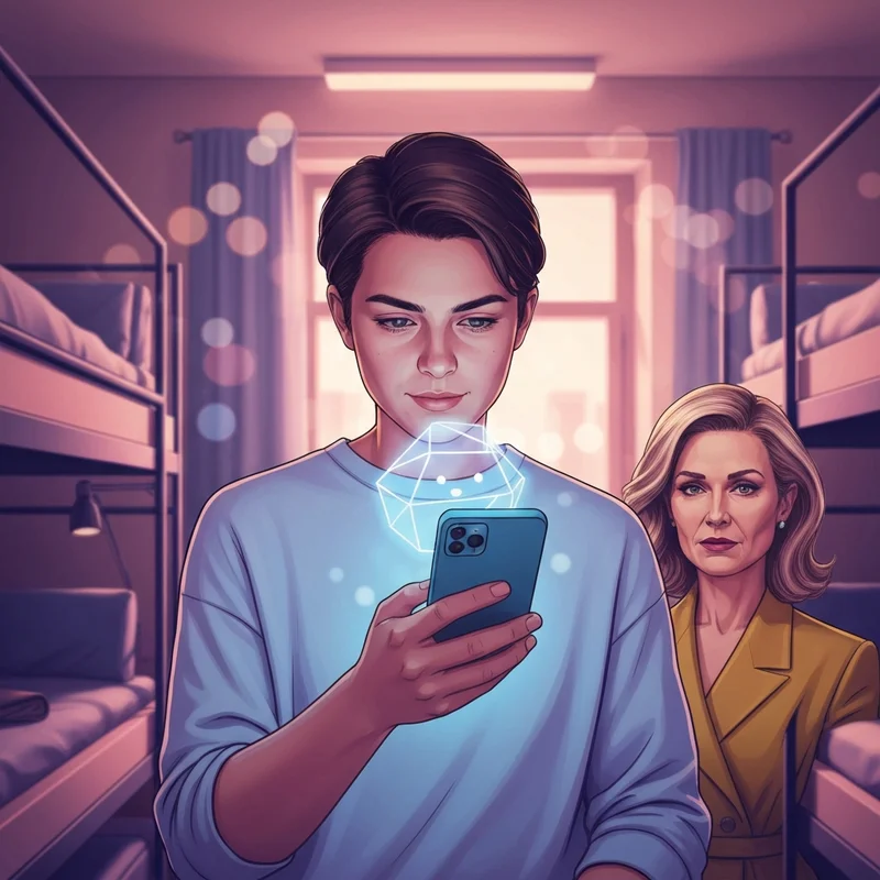 A young person sitting in a cozy, dimly lit room, smiling while interacting with a glowing holographic representation of an a i friend on their smartphone.