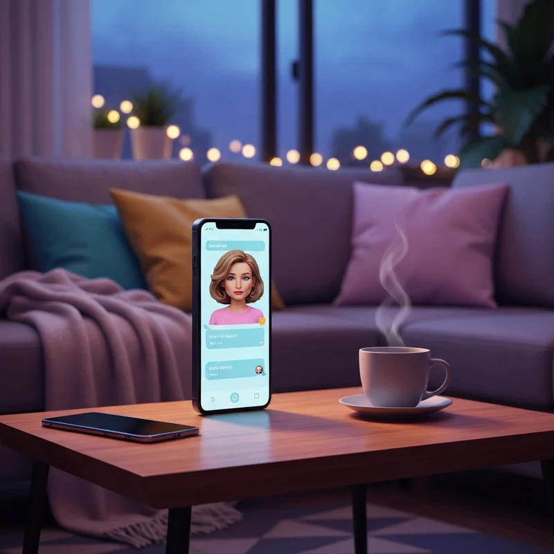 A peaceful digital workspace with a glowing smartphone displaying a supportive chat from Replika Artificial Intelligence, surrounded by soft lighting and a cup of tea.