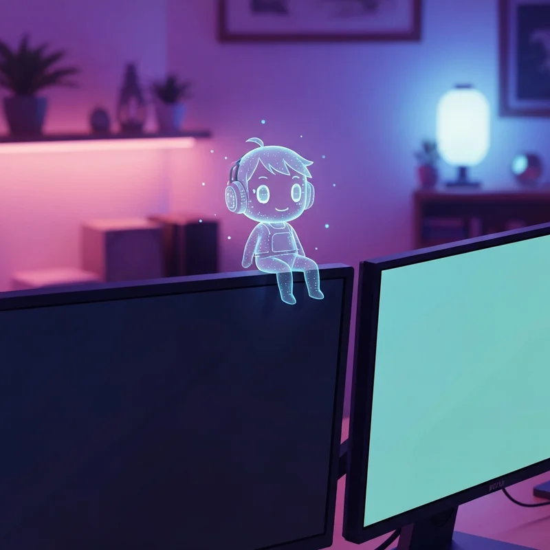 A futuristic glowing ai desktop companion avatar sitting on a high-tech computer monitor in a neon-lit room.
