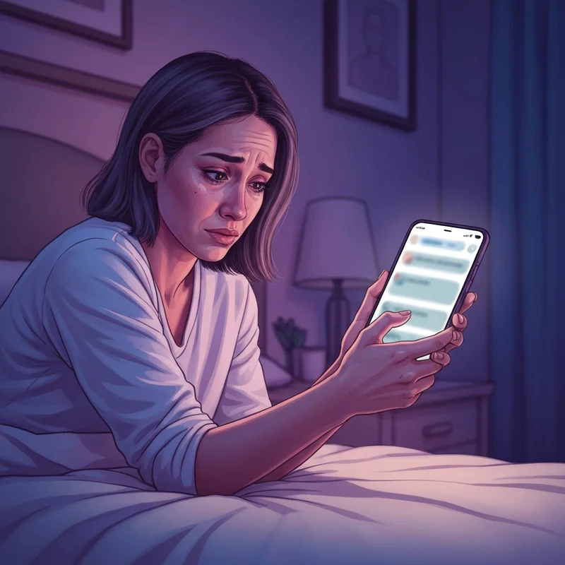 A young woman sitting on her bed at night looking at a blurred AI chat interface on her phone, representing the search for Replika Pro free access.
