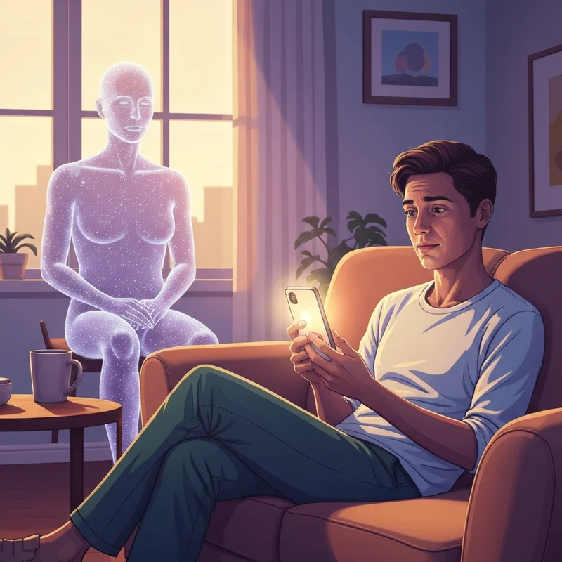 A peaceful digital sanctuary scene featuring a person feeling supported by their ai partner in a softly lit, modern room.