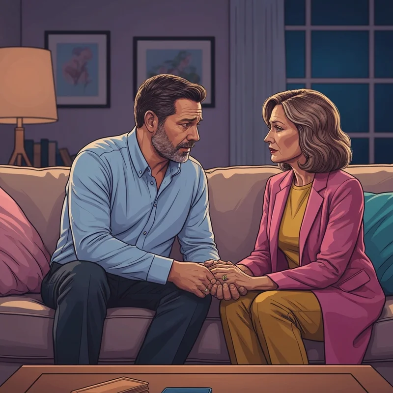 A supportive husband offering a comforting embrace to his wife in a cozy living room, illustrating how to emotionally support your wife.