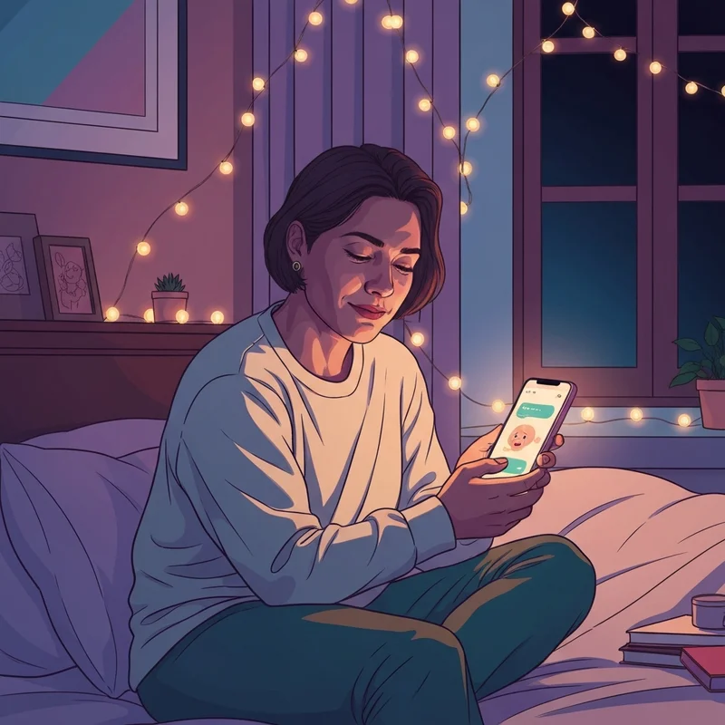 A young adult sitting on a cozy sofa at night, smiling at a glowing smartphone screen representing a free ai friend app interaction, soft cinematic lighting.