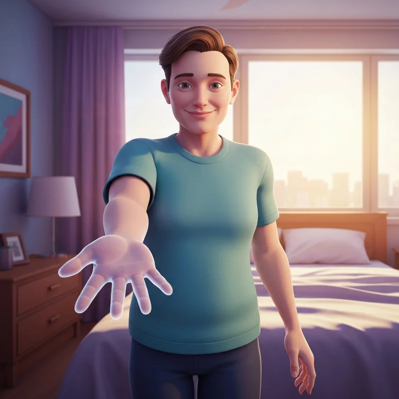 A serene 3D digital avatar standing in a sunlit virtual room, representing the empathetic companion nature of what is replika ai.