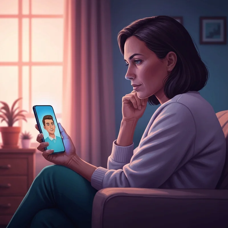 A modern 25-34 year old professional sitting at a clean desk looking at a glowing smartphone screen displaying a friendly AI avatar, symbolizing the search for how much is replika and digital companionship costs.