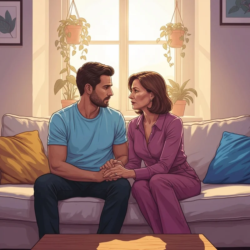 A couple sitting closely on a sofa in a warmly lit living room, practicing emotional support in a relationship through deep conversation and touch.