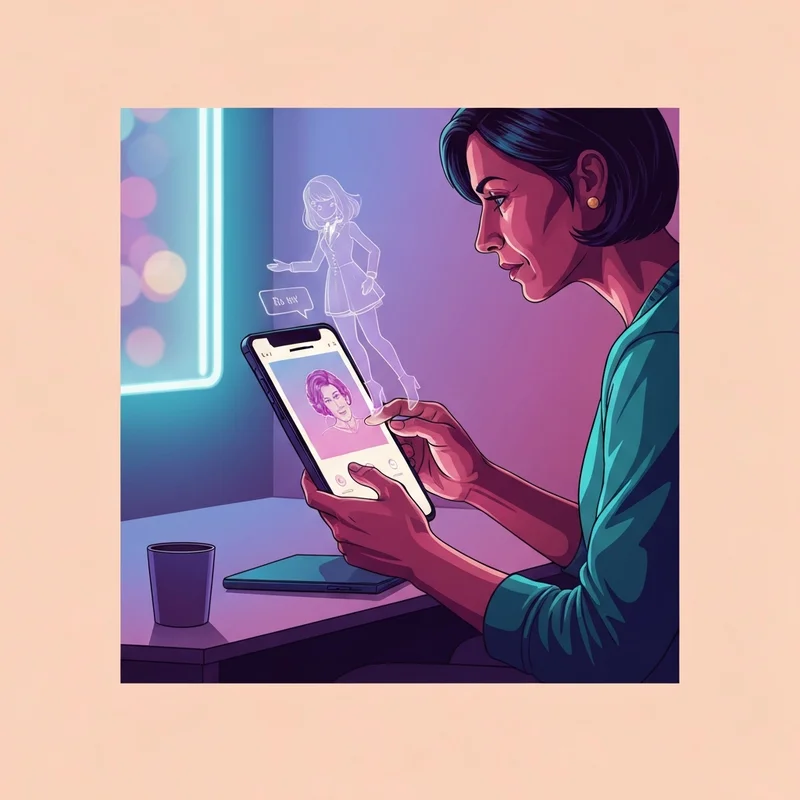 A young woman interacting with a futuristic, holographic character interface on a smartphone, representing the joyland ai app experience.