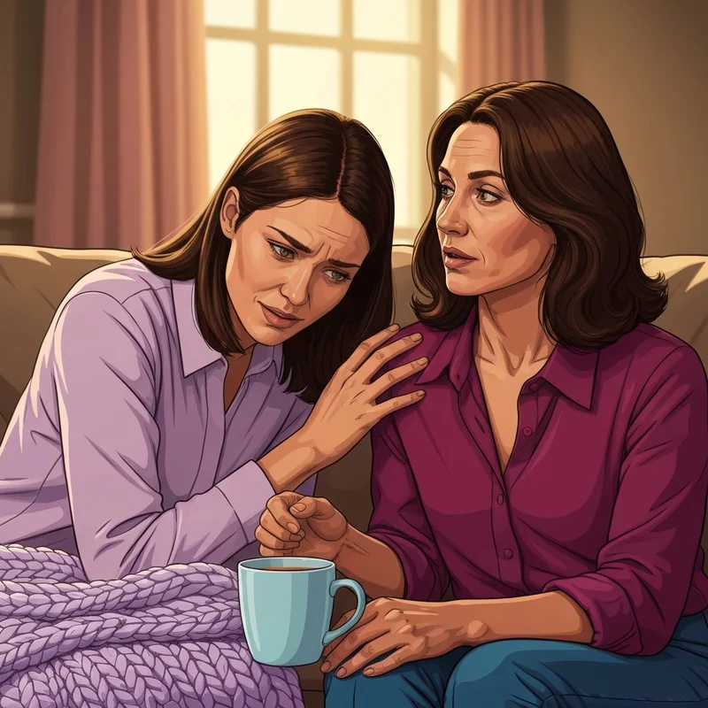 A soothing scene showing two friends sitting closely on a sofa, providing emotional support examples through a comforting hug and attentive listening.