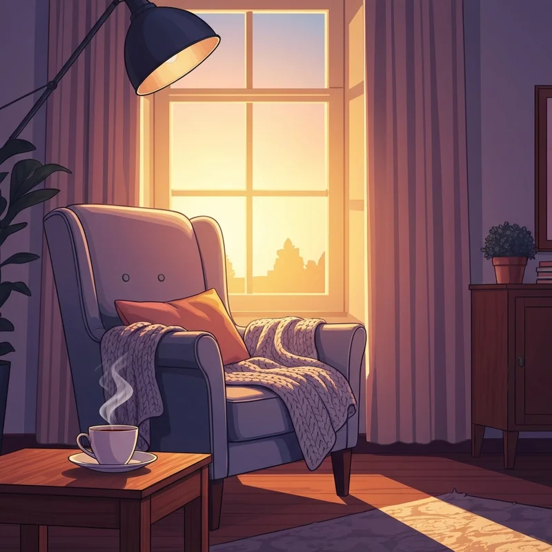 A cozy, warm interior scene depicting a peaceful atmosphere where someone can define emotional support and find comfort.