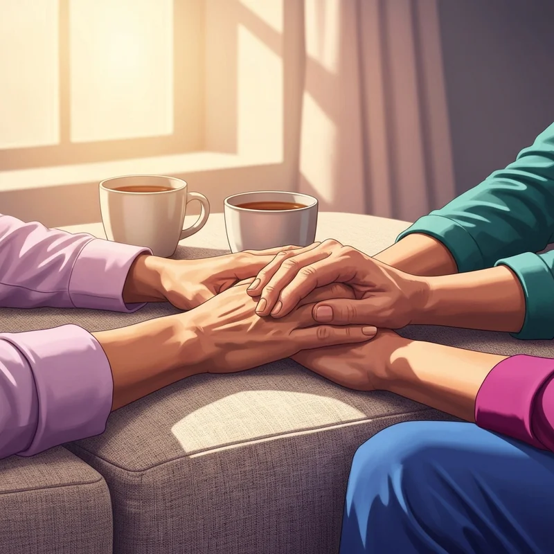 Two people sitting closely together on a soft couch, one person holding the other's hand in a warm, supportive gesture, illustrating how to show emotional support.