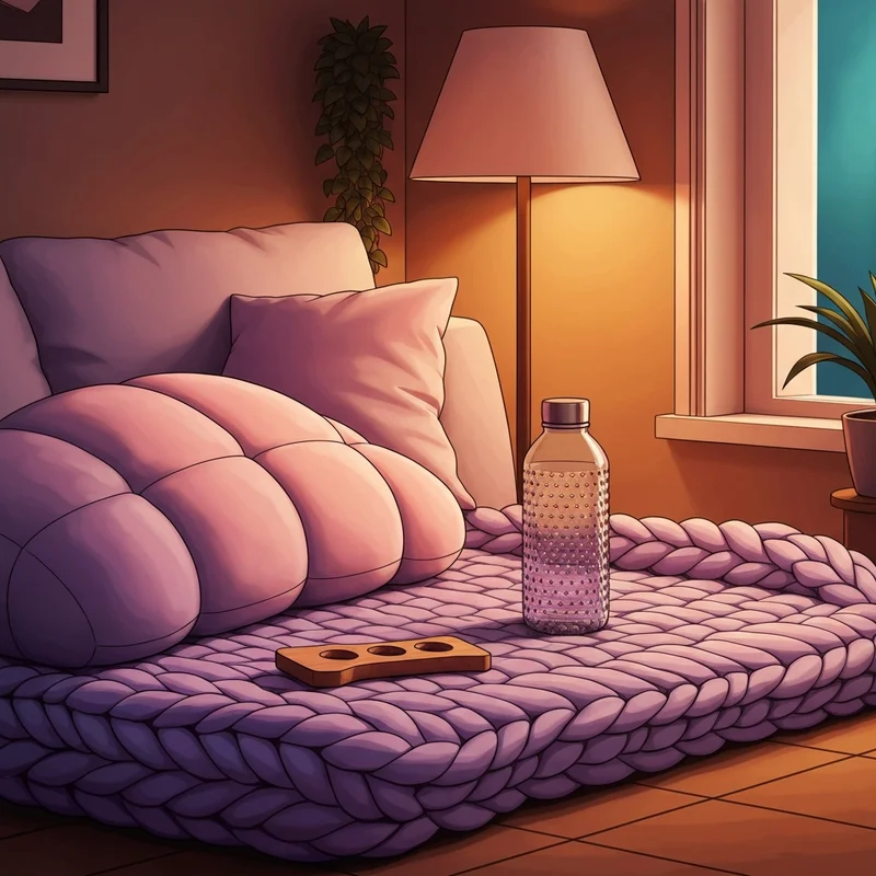 A collection of aesthetic emotional support things including a weighted plushie, a cozy blanket, and sensory fidgets in a soft-lit room.