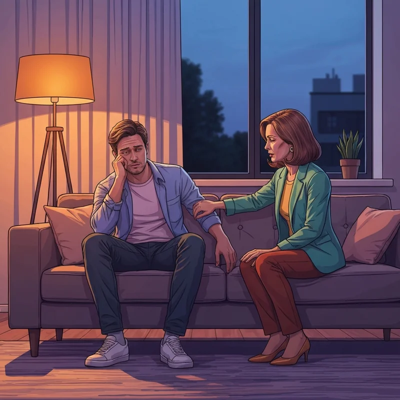 A serene and supportive scene showing a couple sitting closely on a sofa, one person leaning their head on the other's shoulder in a warm, dimly lit room, illustrating how to support your partner.