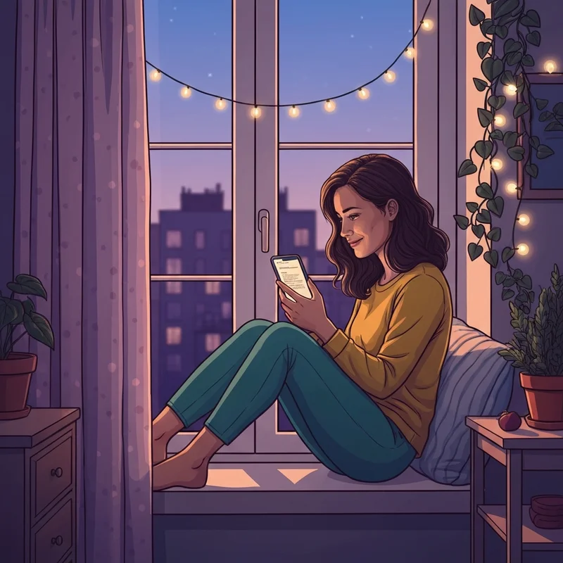 A young woman finding comfort and identity affirmation through a lesbian chatbot on her digital device.