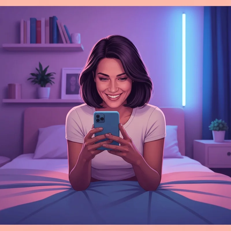 A young woman in a neon-lit room looking at her phone using the juicy chat ai app for digital companionship.