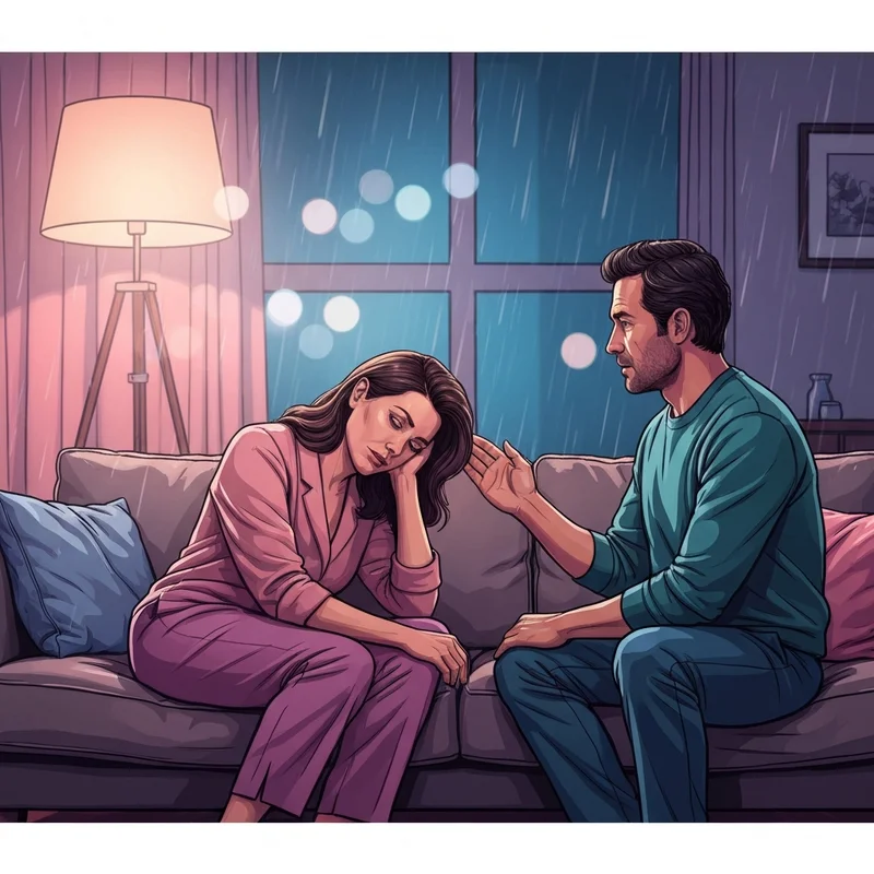 A comforting scene showing two people sitting closely on a sofa, one offering a supportive hand to the other, illustrating what does emotional support mean.