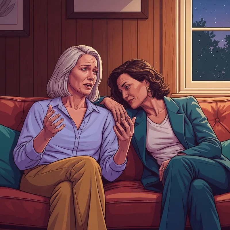 A supportive friend offering a gentle hand and listening ear, demonstrating how to emotionally support someone in a cozy room.