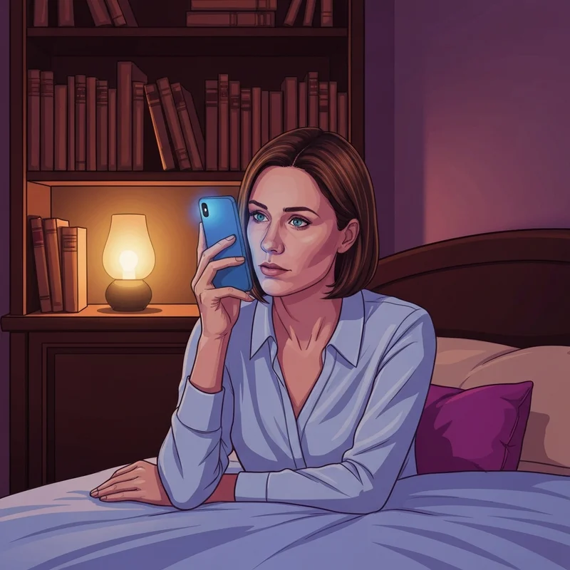 A young woman sitting in a quiet room looking at her phone thoughtfully while contemplating if is using character ai a sin.