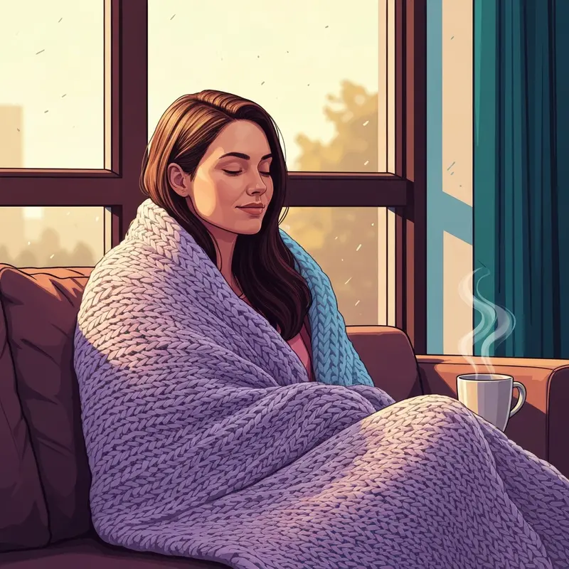 A young woman wrapped in a soft cream-colored blanket sitting by a window at sunset, representing the soothing nature of emotional comfort.