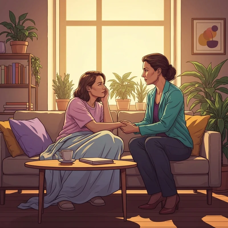 A supportive partner providing a warm embrace to another person in a cozy, sunlit living room, illustrating what does emotional support look like.