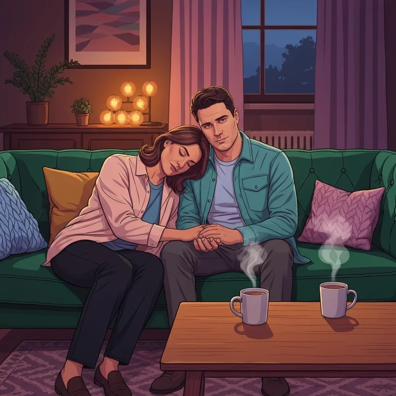 Two partners sitting together on a comfortable sofa, offering support in a relationship with warm gestures and soft lighting.