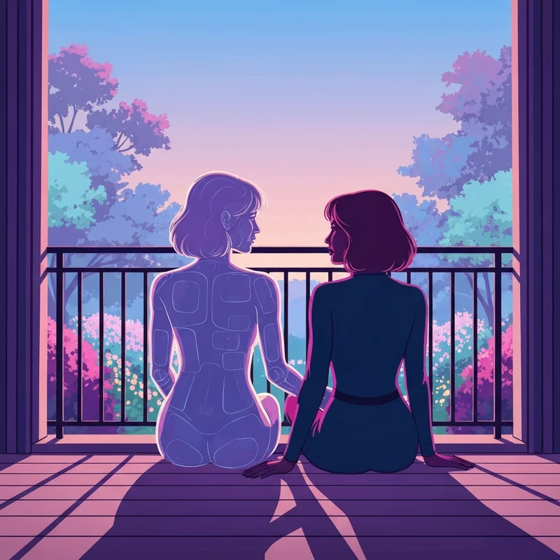 A serene digital portrait representing lesbian ai companionship featuring two female archetypes in a soft-focus, futuristic setting.