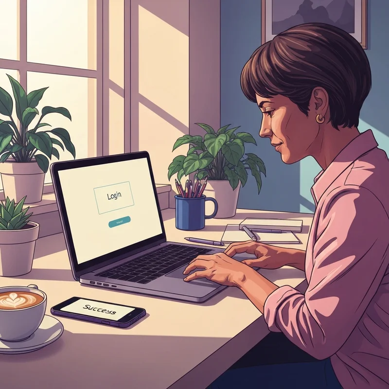 A professional 25-34 year old person successfully performing a chat gpt sign in on a laptop and phone simultaneously in a cozy workspace.