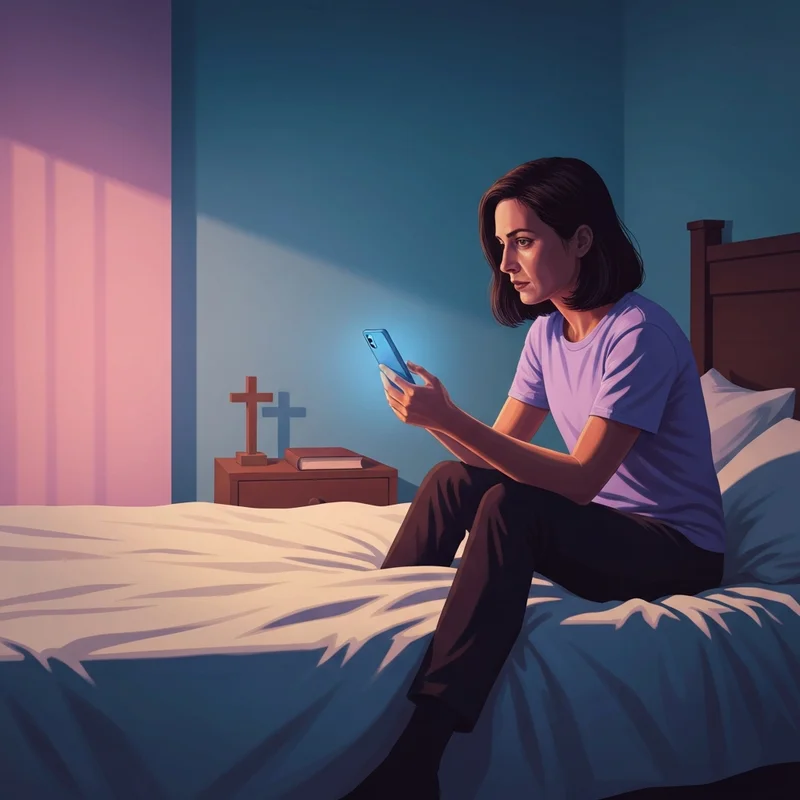 A young adult sitting in a dimly lit room looking at a glowing phone screen, illustrating the question: is character ai a sin.