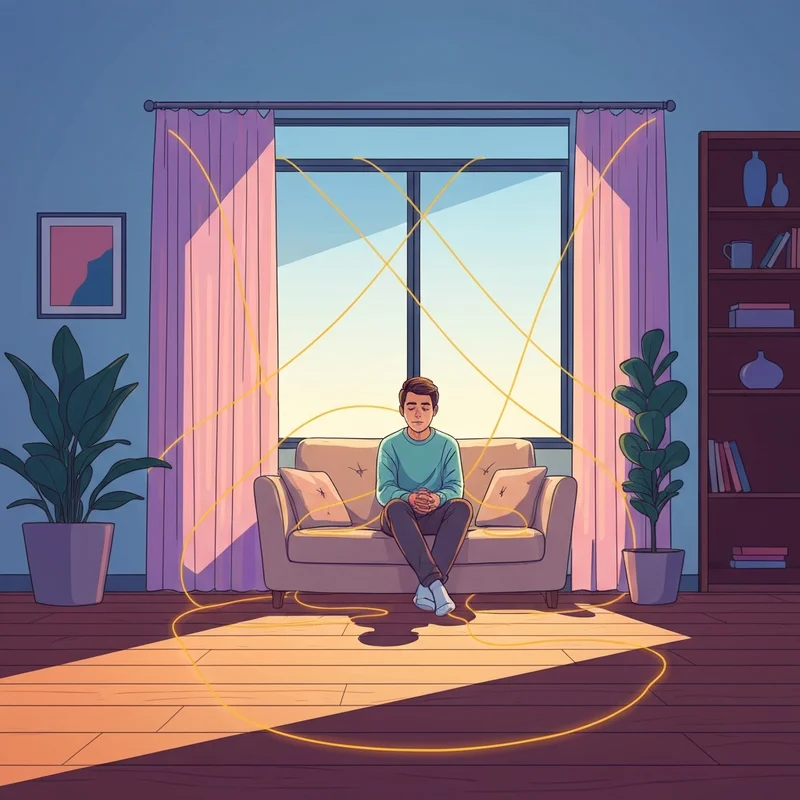 A peaceful digital illustration of a person feeling safe within a glowing emotional support system network.