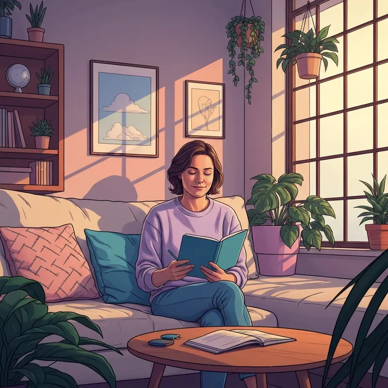 A serene woman sitting comfortably in a soft, sunlit room, focusing on her mental health and wellbeing through reflective journaling.