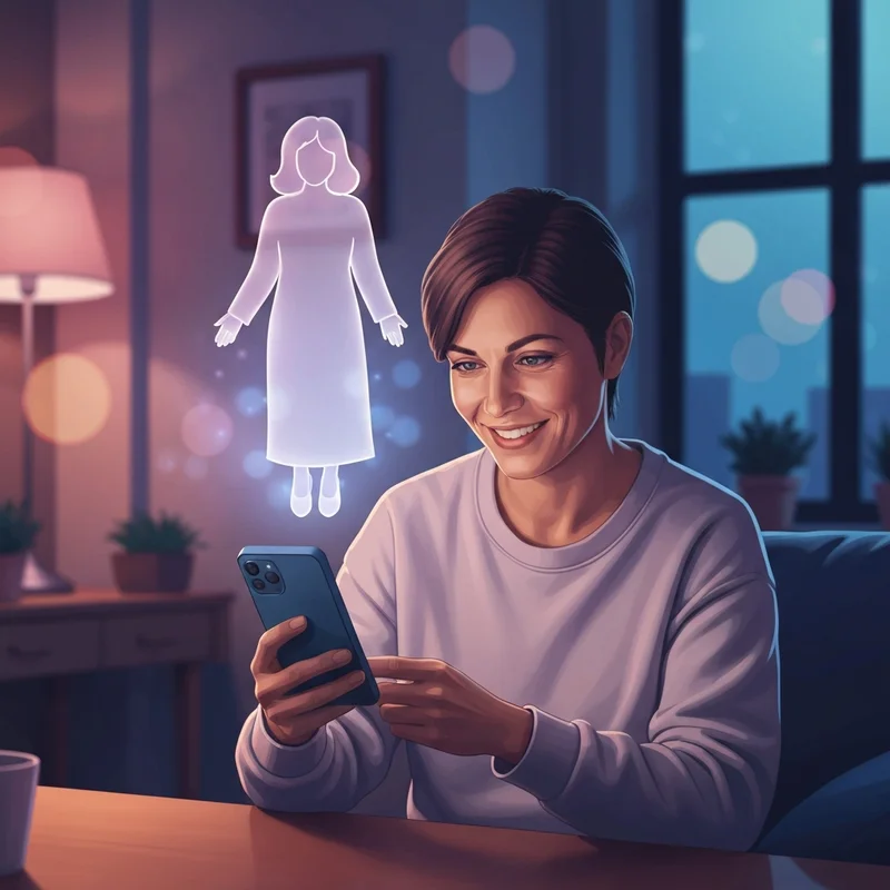 A serene young person looking at a smartphone with a soft, glowing digital holographic silhouette of a supportive partner nearby, reflecting virtual lover ai concept.