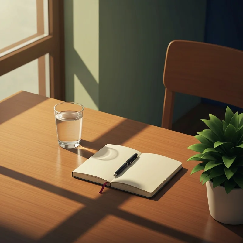 A serene and organized desk space with a glass of water, a journal, and soft morning light, representing habits for good mental health.