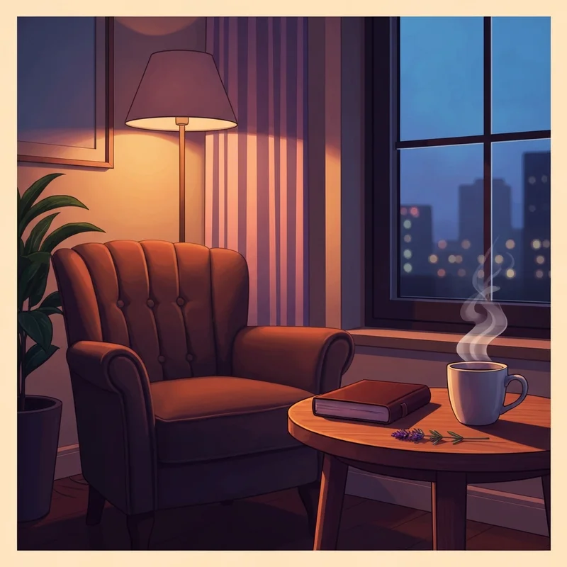 A peaceful, softly lit room with a cozy chair, a journal, and a warm cup of tea, representing mental health and support.