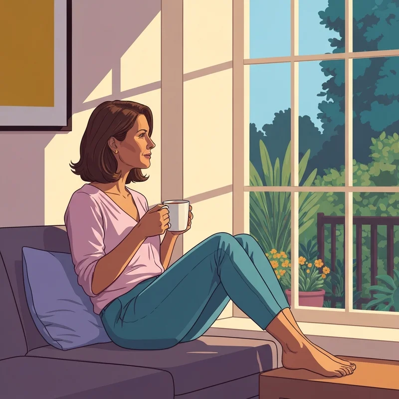 A serene woman sitting in a sunlit room, embodying the traits of mentally healthy people through calm presence and a peaceful environment.