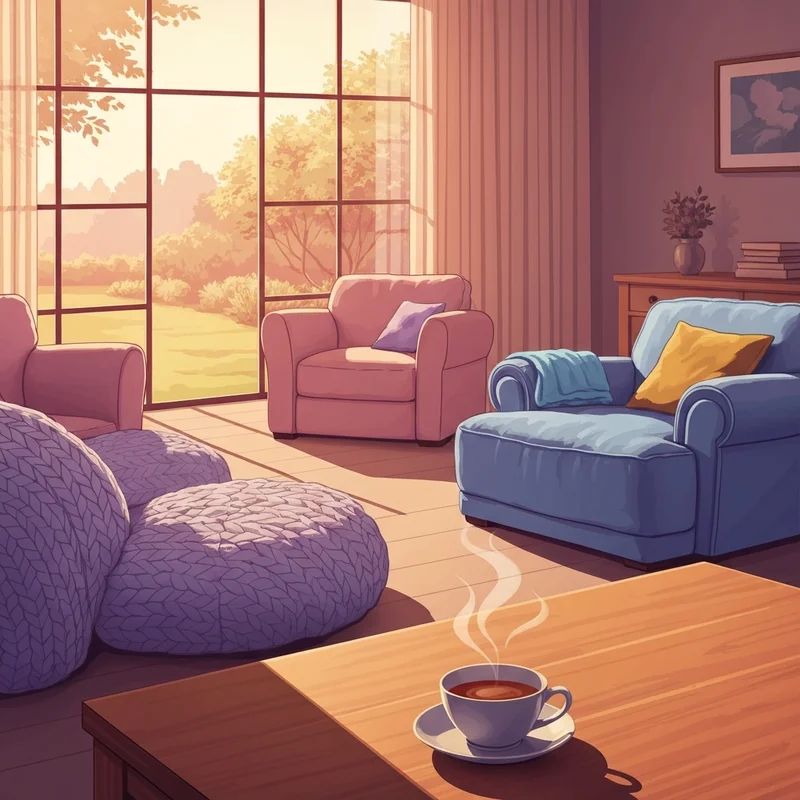 A cozy and safe environment representing support and wellbeing with soft lighting and comfortable seating.