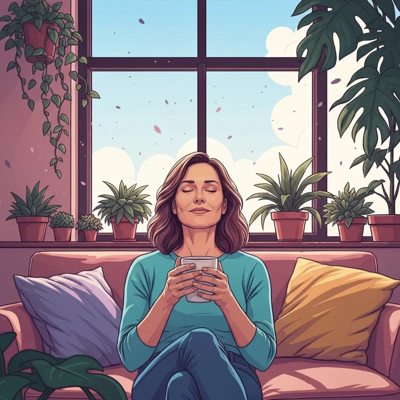 A serene person sitting by a window with a warm cup of tea, representing the balance of wellbeing health and inner peace.