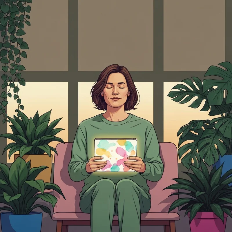 A serene young woman practicing mental wellbeing techniques in a sunlit room with plants.