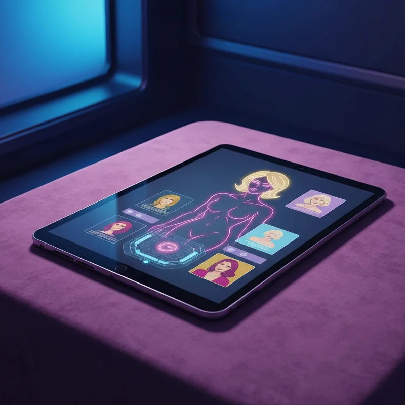 A glowing holographic tablet displaying a high-fidelity nsfw character ai chat interface with a digital companion.