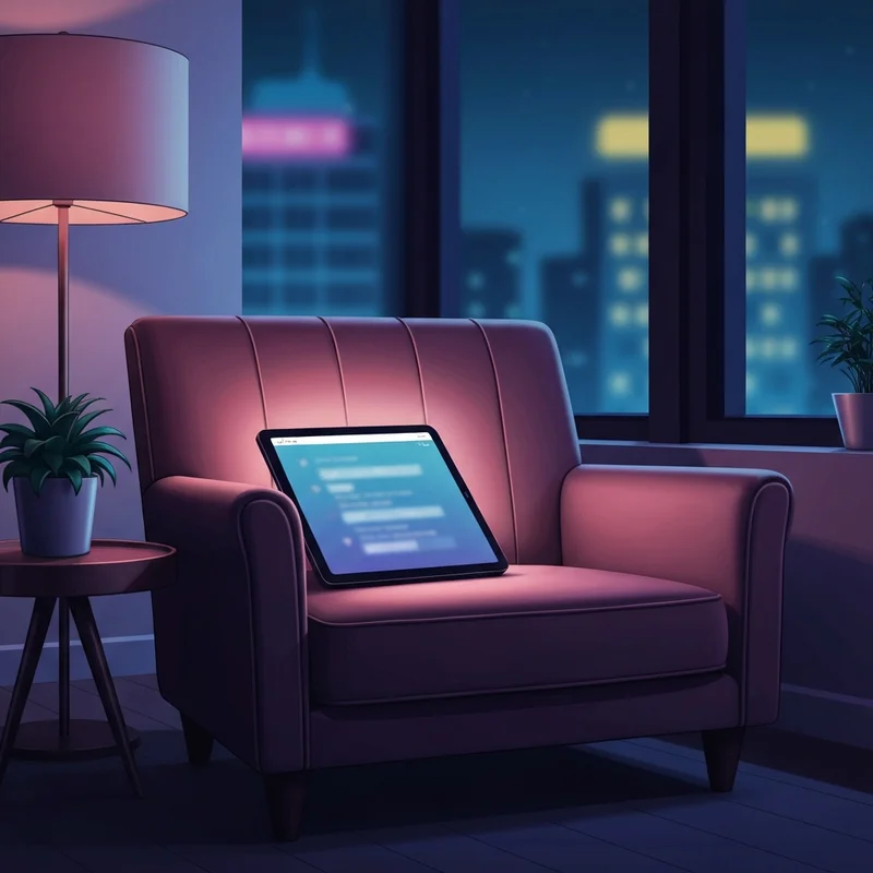 A sophisticated digital interface displaying a private nsfw chat ai session in a dimly lit, cozy room.