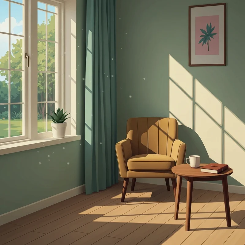 A serene, minimalist living space with soft natural light, a comfortable chair, a journal on a table, and a small green plant, embodying the concept of mental well being.
