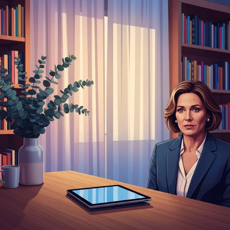 A serene woman sitting in a sunlit room, focusing on a digital journal, representing the balance of being healthy mentally and emotionally.