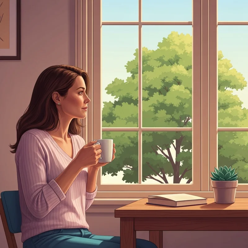 A peaceful young professional practicing habits for mental health by a sunny window with a journal and a plant.