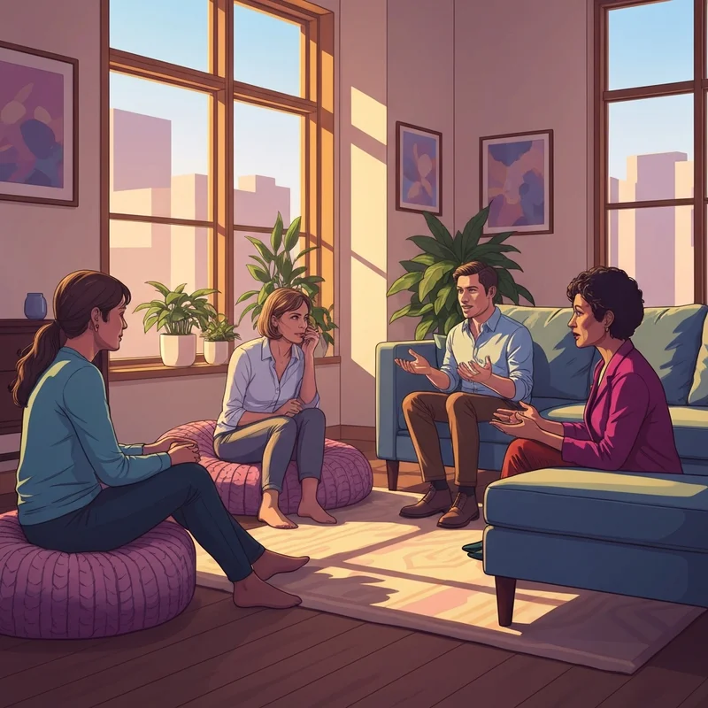 A diverse group of young adults sitting in a cozy, sunlit living room, engaging in supportive conversation, symbolizing a healthy support system.