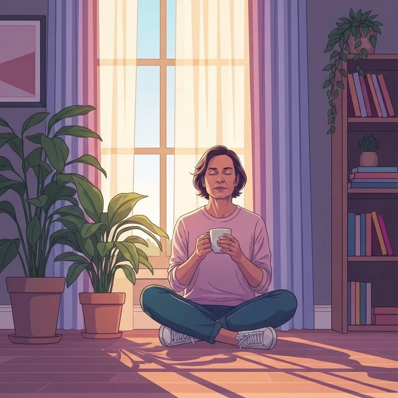 A peaceful individual sitting by a sunlit window practicing healthy well being through mindfulness and a warm beverage.
