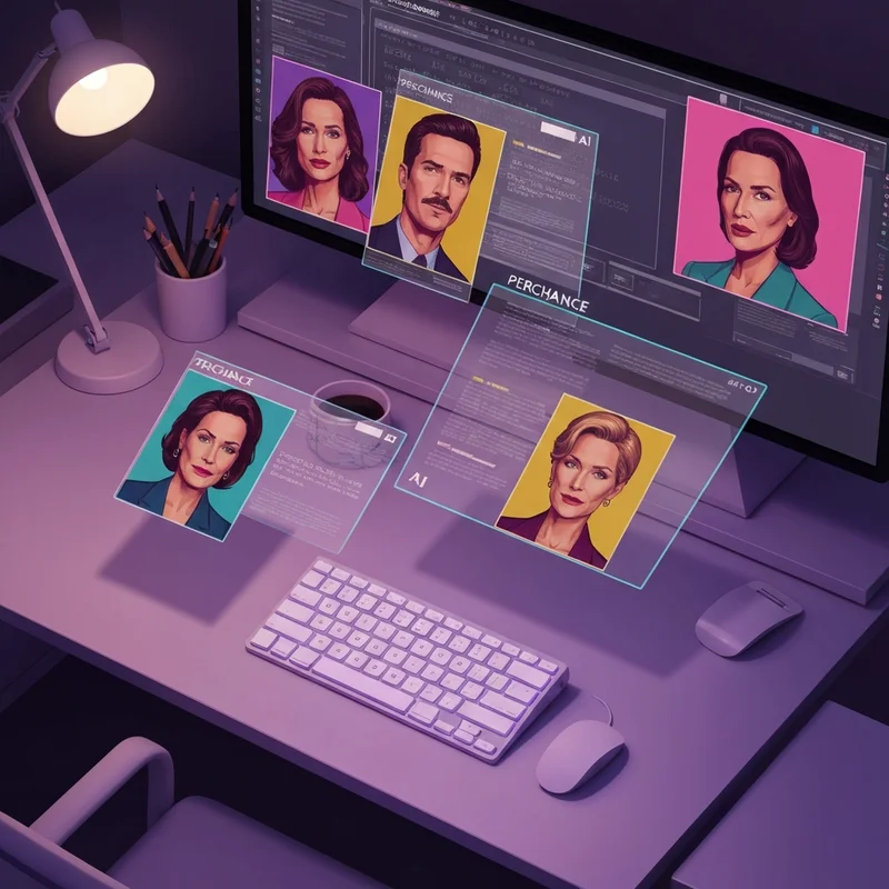 A creative digital workspace featuring a glowing perchance ai character profile on a transparent holographic screen with stylized character prompts.