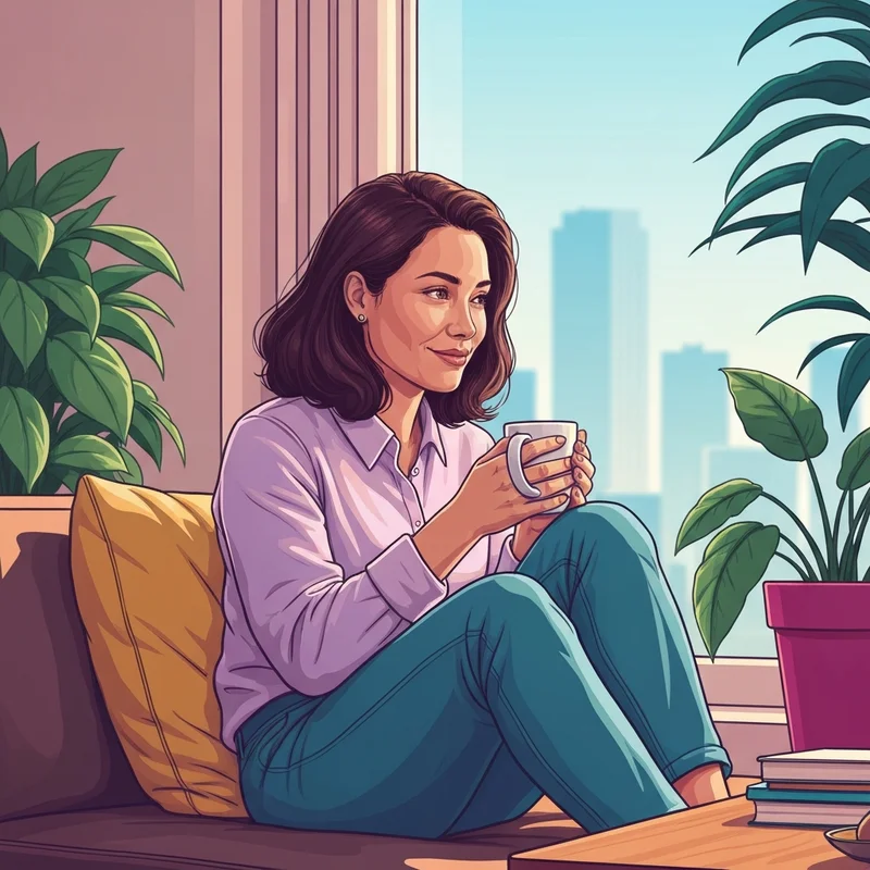 A serene young woman practicing mindfulness and finding examples of good mental health in a sunlit room.