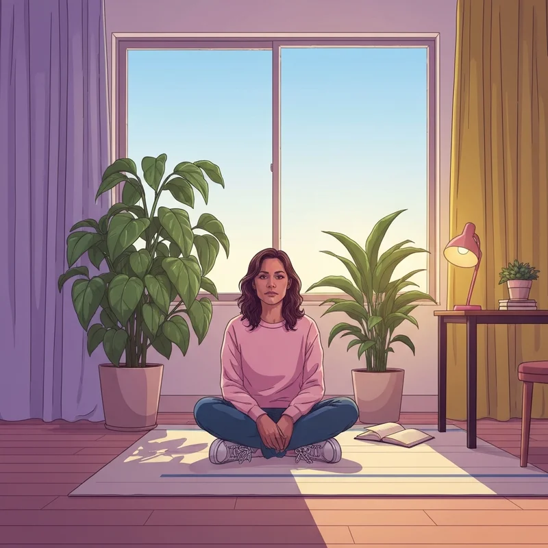 A serene young professional practicing mindfulness in a sunlit room filled with plants, representing healthy and wellbeing.