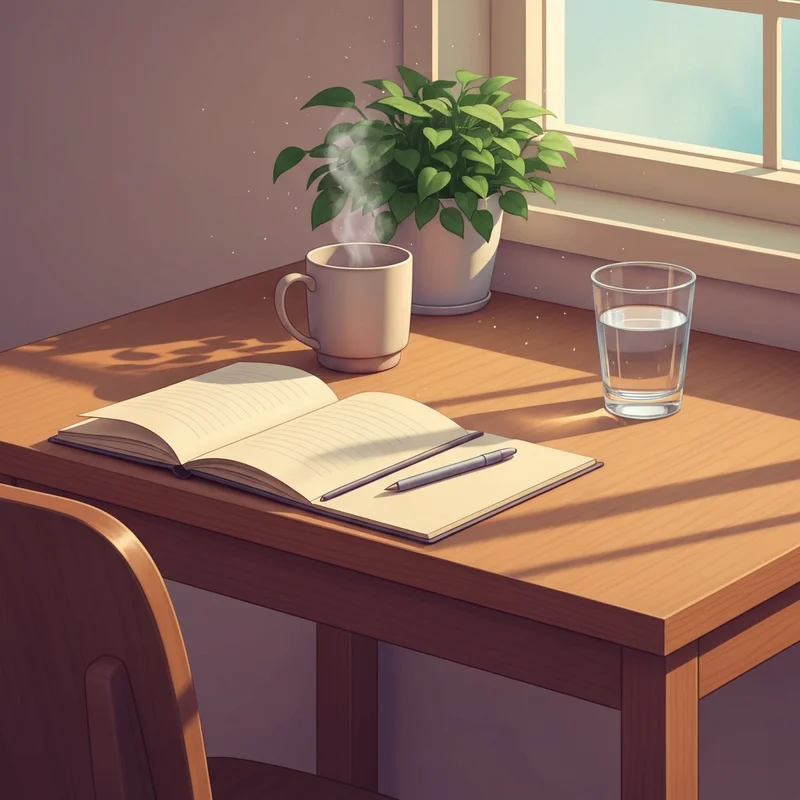A peaceful morning scene showing a journal, a glass of water, and sunlight streaming through a window, representing healthy habits for mental health.