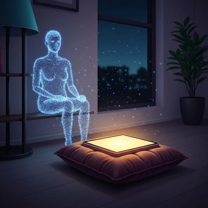 A serene digital landscape showing a person connecting with a glowing, empathetic AI companion in a private setting, emphasizing the concept of a sex chat bot.