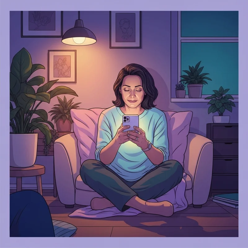 A young woman sitting peacefully by a window, looking at her phone for emotional help with a soft, comforting aesthetic.