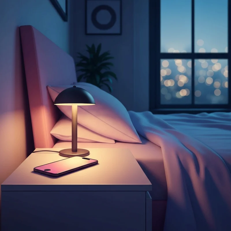 A cozy, dimly lit bedroom scene with the soft glow of a smartphone illuminating a person's hands, representing a safe space for using a sexting chat bot.